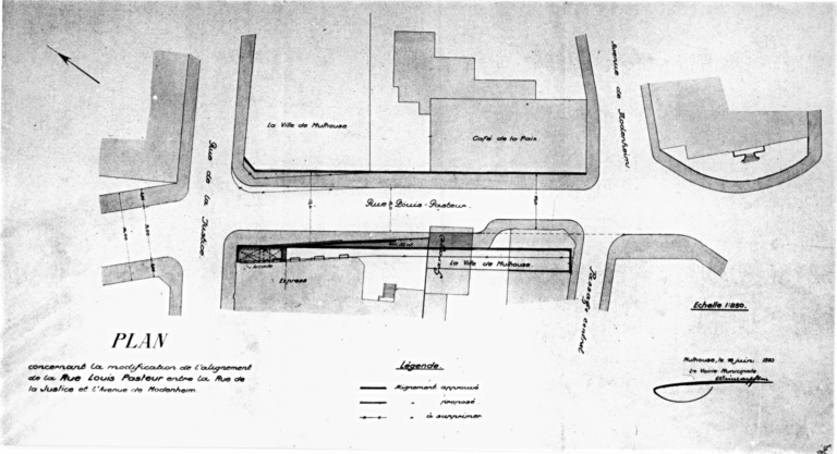 Imprimerie Bader, 30 rue de la Justice. Plan concernant la modification de l'alignement de la rue Louis Pasteur entre la rue de la Justice et l'avenue de Modenheim.