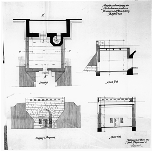 Réservoir du haut service (Moenchsberg) : plan, élévation, coupes A-B et C-D.