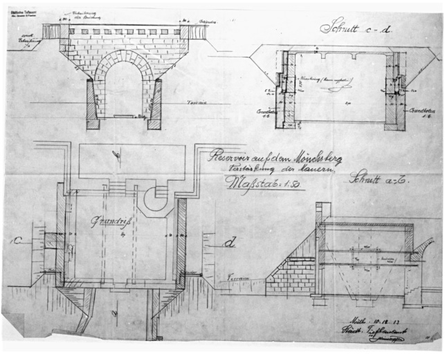 Réservoir du haut service (Moenchsberg) : plan, coupe A-B et C-D, élévation.