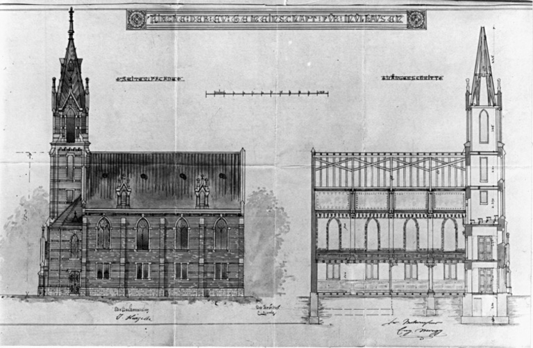 Elévation latérale et coupe longitudinale.