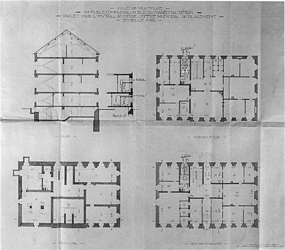 Plan du sous-sol, du rez-de-chaussée, du premier étage, coupe transversale de la maison antérieure gauche.