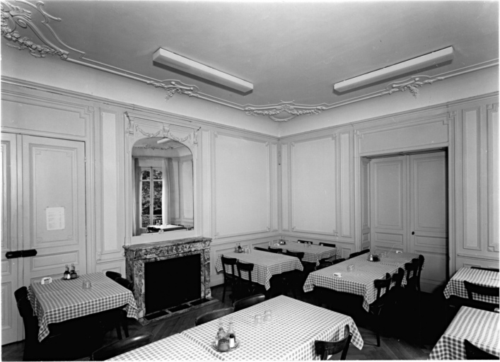 Rez-de-chaussée : salle à manger avec cheminée et plafond stuqué.