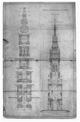 Nouvelle église catholique de Mulhouse. Plans et coupe du clocher. Coupe sur la ligne WY du plan AB.