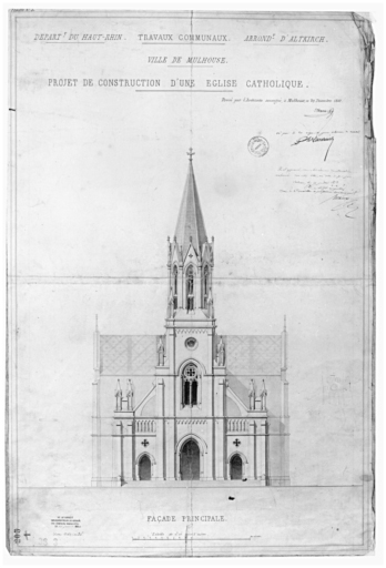 Projet de construction d'une église catholique. Façade principale. Projet non exécuté.