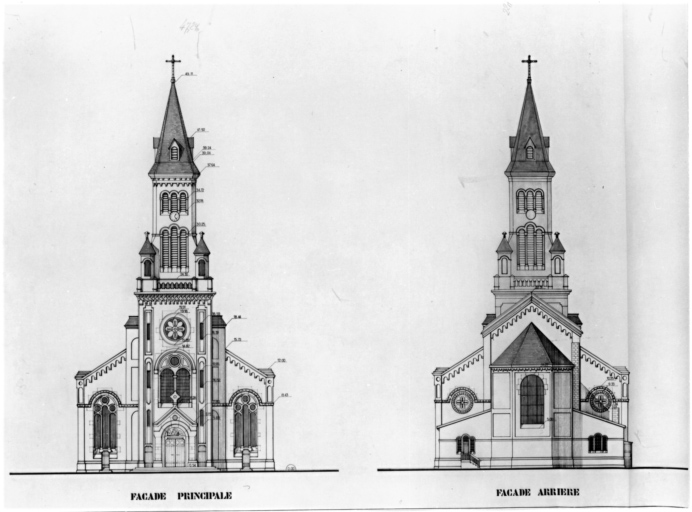 Elévations antérieure et postérieure : façade principale et façade arrière.