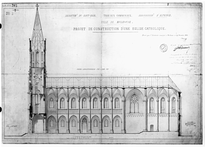 Projet de construction d'une église catholique. Coupe longitudinale sur l'axe CD. Projet non exécuté.