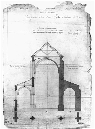 Projet de construction d'une église catholique. Coupes transversales.