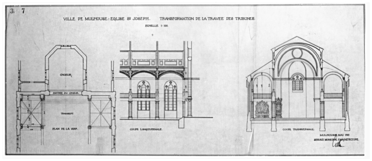 Transformation de la travée des tribunes. Plan de la nef, coupe longitudinale. Coupe transversale.