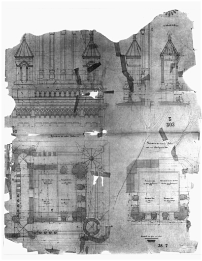 Plan de la tour des premier et deuxième étages. Coupes et élévation d'une tourelle d'angle. Elévation (la partie supérieure est déchirée et manque).