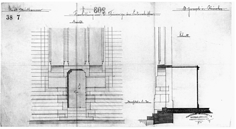 Ajout de deux portes dans les bas-côtés, élévation et coupe.