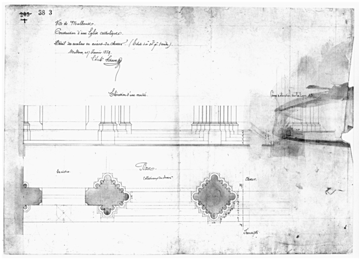 Construction d'une église catholique. Détails des escaliers en avant du choeur. Plan. Elévation d'une moitié. Coupe et élévation sur la ligne AB.