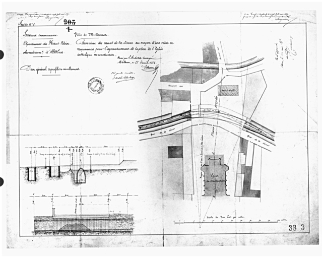 Couverture du canal de la Sinne au moyen d'une voûte en maçonnerie pour l'agrandissement de la place de l'église catholique en construction. Plan général et profil de nivellement.