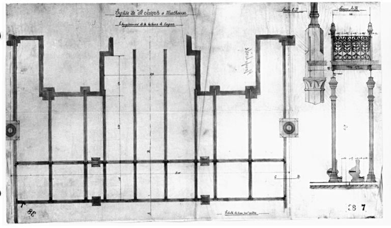 Elargissement de la tribune de l'orgue. Coupe CD. Coupe AB.