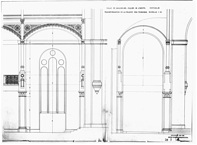 Transformation de la travée des tribunes. Détail. Coupe et élévation.