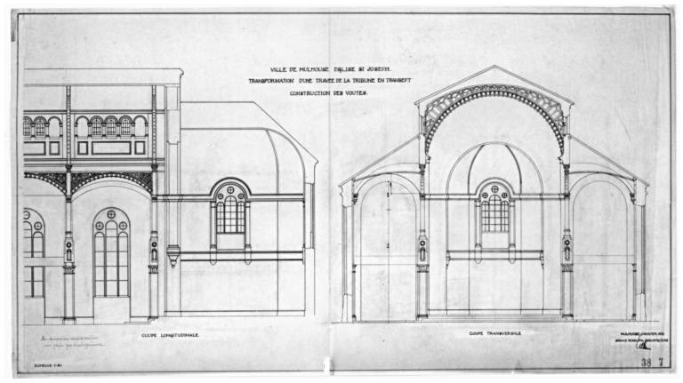 Transformation d'une travée de la tribune en transept. Construction des voûtes. Coupe longitudinale. Coupe transversale.