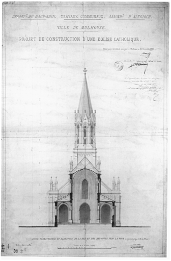 Projet de construction d'une église catholique. Coupe transversale et élévation de la nef et des bas-côtés, vers la tour. Projet non exécuté.