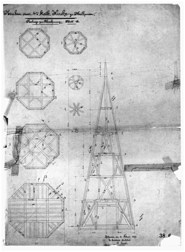 Plan et coupe sur le clocher (pièce jointe aux comptes définitifs).