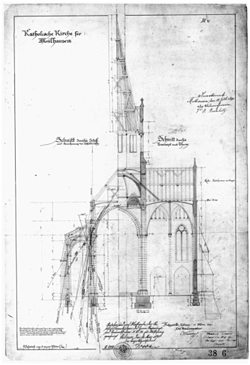 Coupe sur la nef et sur le transept, avec le calcul des poussées des voûtes.