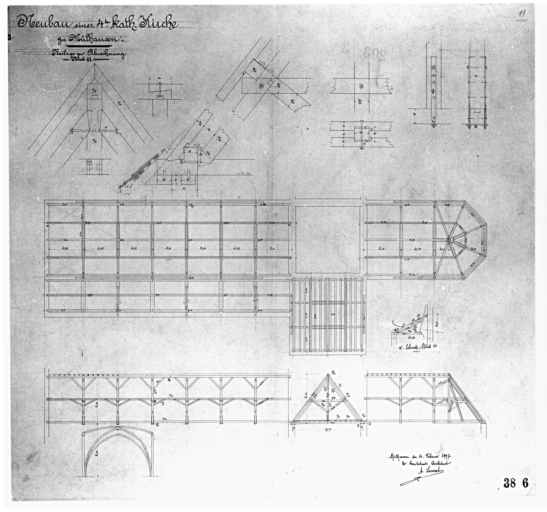 Plan et coupe sur le comble. Charpente (pièce jointe aux comptes définitifs).