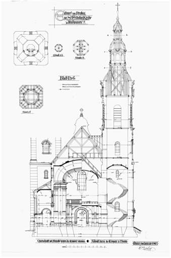 Coupe transversale vers la tribune. Coupe sur la tribune et la tour. Plans de la tour à différents niveaux.