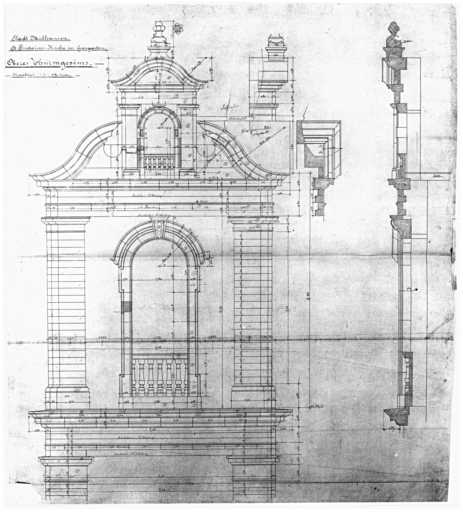 Elévation de la partie supérieure des tours de la façade et coupe.