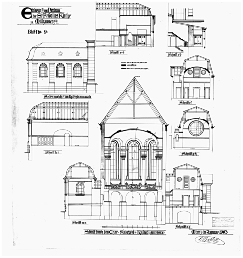 Coupe sur le choeur, la sacristie et la salle de catéchisme.