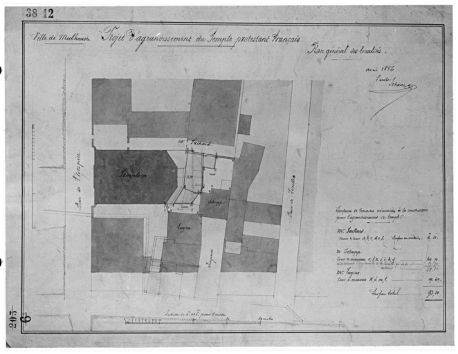 Projet d'agrandissement du temple protestant. Plan général des localités.