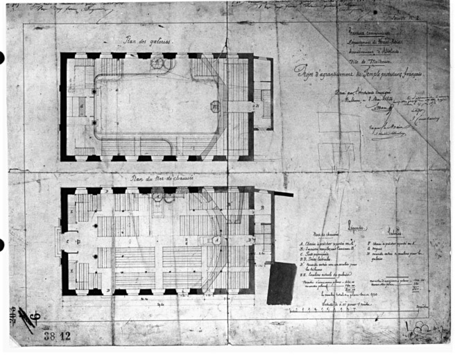 Projet d'agrandissement du temple protestant. Plan des galeries. Plan du rez-de-chaussée. Deuxième projet.