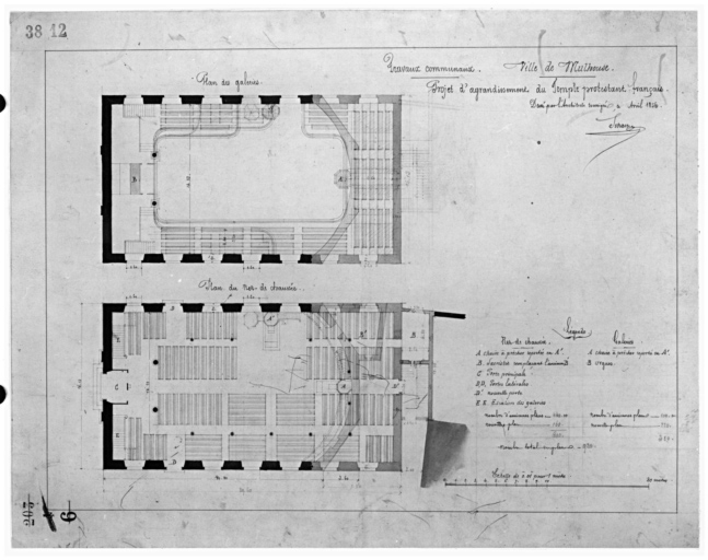 Projet d'agrandissement du temple protestant. Plan des galeries. Plan du rez-de-chaussée. Premier projet.