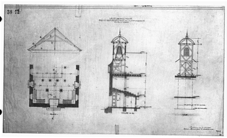 Plan et coupe sur le beffroi.