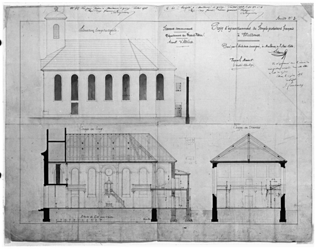 Projet d'agrandissement du temple protestant. Plan des galeries. Elévation longitudinale. Coupe en long. Coupe en travers.