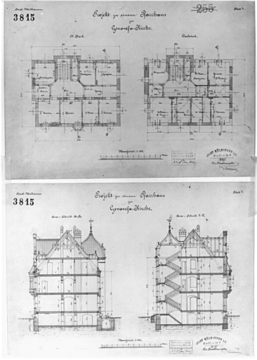 Presbytère : plan du premier étage et des combles. Coupe transversale A-B. Coupe transversale C-D.