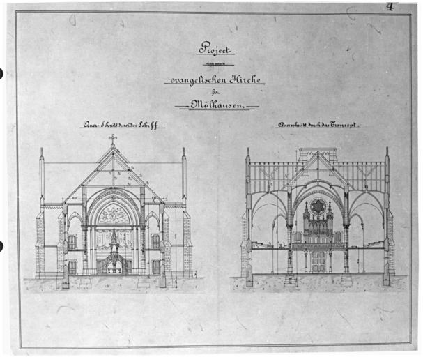 Coupe sur la nef, coupe sur le transept.