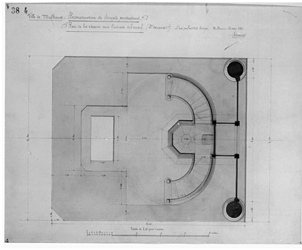 Reconstruction du temple protestant. Plan de la chaire avec l'estrade et l'autel (troisième variante).