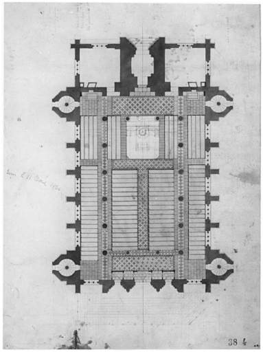 Reconstruction du temple protestant. Plan avec dessin du sol, avec le mobilier (chaire, bancs).