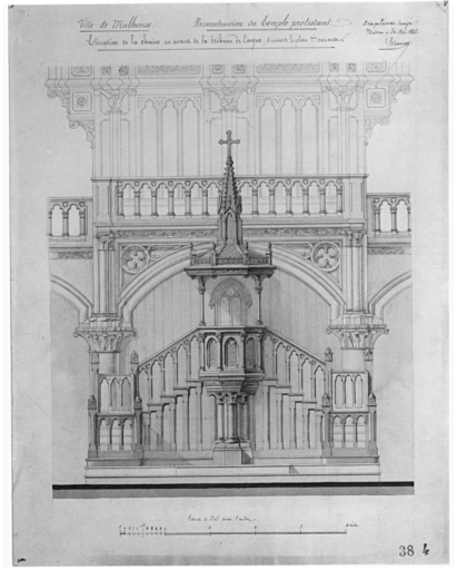 Elévation de la chaire en avant de la tribune de l'orgue, suivant le plan (première variante).