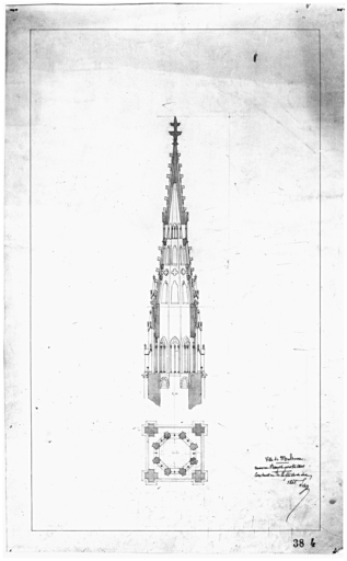 Nouveau temple protestant. Construction de la flèche du clocher.