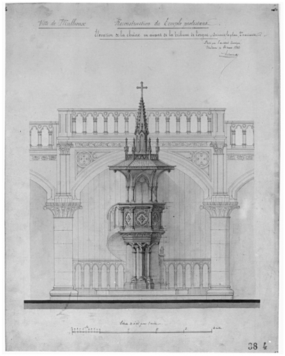 Elévation de la chaire en avant de la tribune de l'orgue, suivant le plan (deuxième variante).