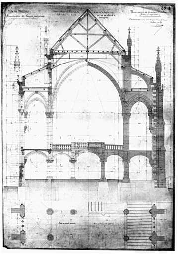 Reconstruction du temple protestant. Coupes et élévations transversales de la nef et les bas-côtés sur le milieu d'une travée, sur l'axe des colonnes et contre-forts. Plans, coupes et élévations d'après l'exécution.