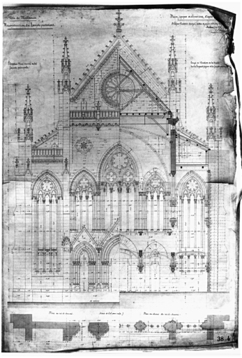 Elévation d'une moitié de la façade principale. Plan au rez-de-chaussée, plan au-dessus du rez-de chaussée. Plans, coupes et élévation de la travée derrière de grand pignon et la façade principale.