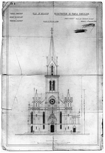 Reconstruction du temple évangélique : façade du côté de la tour. Avant-projet.