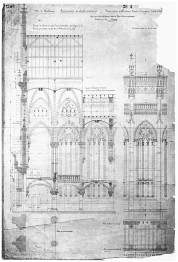 Plans, coupes et élévations d'après l'exécution. Coupe et élévation sur l'axe du temple du pignon de la façade principale et des 2 travées de la nef. Elévation extérieure d'une travée.