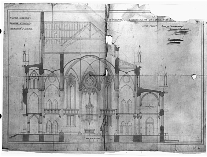 Reconstruction du temple évangélique : coupe transversale.