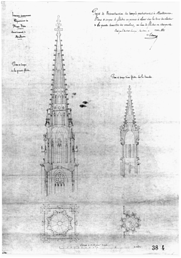 Projet de reconstruction du temple protestant : plans et coupes de flèches en pierre à élever sur la tour du clocher et les quatre tourelles des escaliers, au lieu des flèches en charpente.