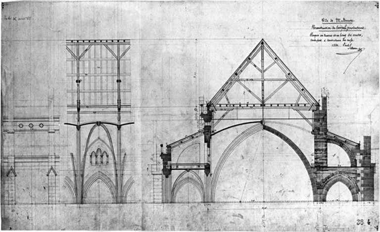 Reconstruction du temple : coupes en travers et en long des voûtes. Contreforts et couverture des nefs.