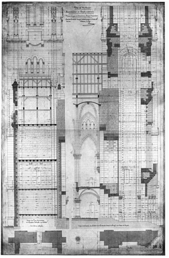 Reconstruction du temple protestant. Plans, coupes et élévations d'après l'exécution. Coupe sur l'une des annexes et élévation latérale du clocher. Coupe et élévation du clocher et de la dernière travée de la nef sur l'axe du temple.