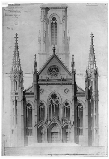 Plans, coupes et élévations d'après l'exécution. Façade principale.