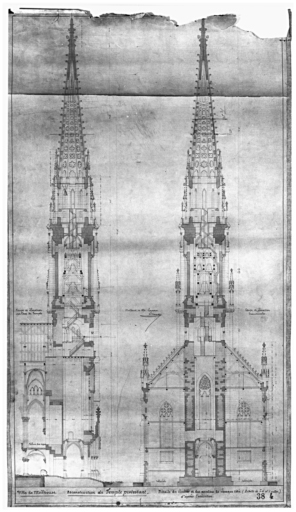 Reconstruction du temple. Détails du clocher et des annexes de chaque côté d'après l'exécution. Coupe et élévation sur l'axe du temple. Coupe et élévation transversales.