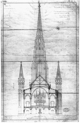 Reconstruction du temple protestant. Coupe transversale et élévation.