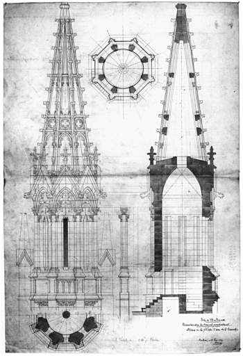 Reconstruction du temple protestant. Détail de la flèche d'une des 4 tourelles.